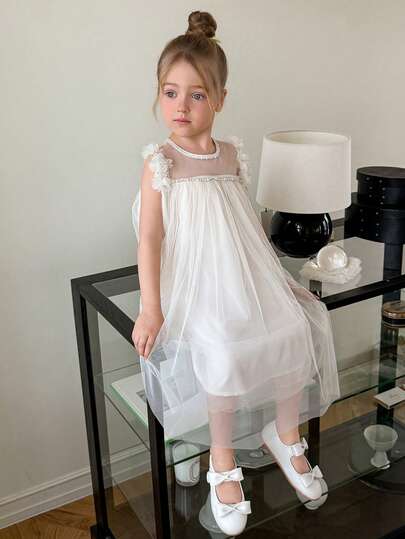 DAZY Girls Sleeveless Round Neck Mesh Tulle Dress, Young Girl Fall Clothes