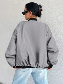 EURMUSE Áo khoác bóng chày dài tay trễ vai màu trơn có khóa kéo phía trước cho nữ, mùa thu - Xám - Xem 2