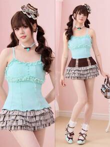 ROMWE Kawaii Camiseta ajustada casual y versátil con aplicaciones de encaje en color menta para niña - verde menta - Ver 1