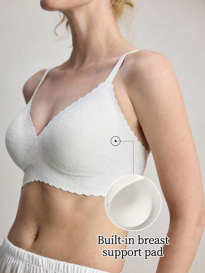 Ocili 1pc Women's Seamless Wireless Bra With Lace Trim, Supportive Soft Cup, Adjustable Shoulder Strap, Daily Comfort