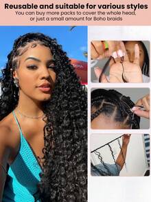 Boho Braids 缅甸卷曲无结预分钩针编织接发，100%真人发，缅甸卷曲羽毛发，波西米亚风编发，羽毛线辫子，自然色 - Natural Black - 查看 9