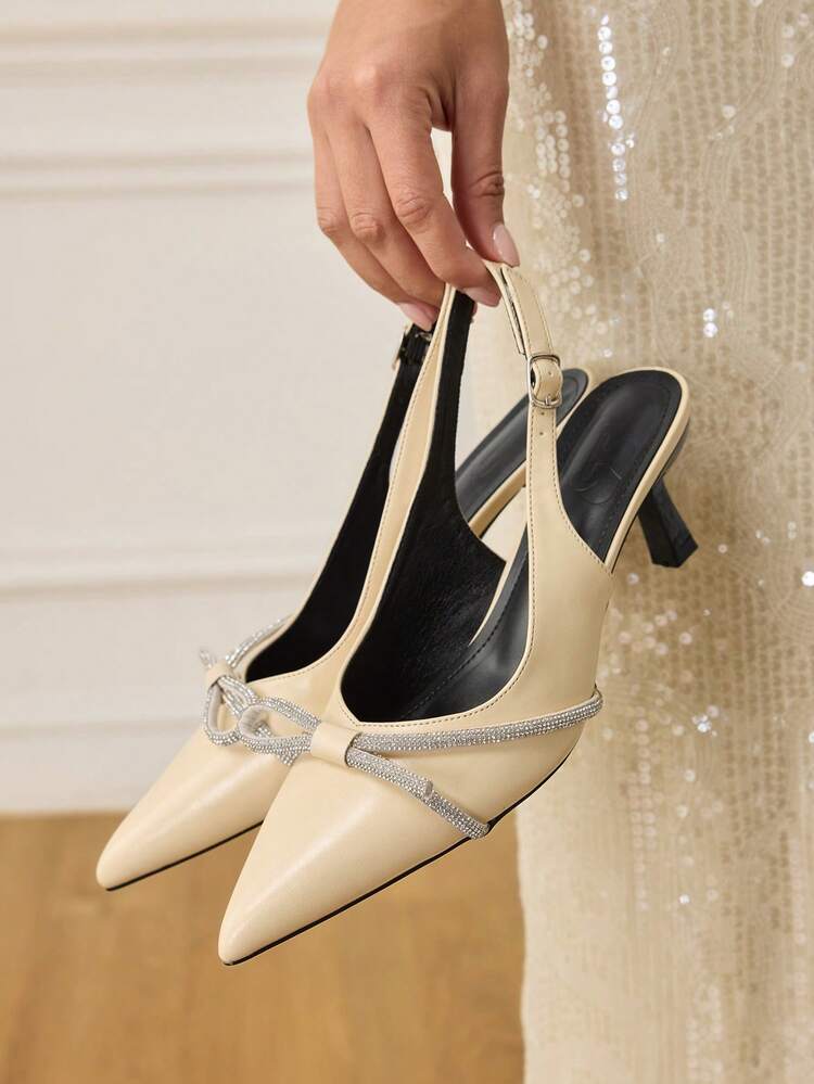 CUCCOO HITCHD Women Shoes Spring And Summer. New Pointed Thin Heel High Heel Romantic And Elegant Apricot PU With Rhinestone Strap Women's High Heel Shoes Dress Shoes Bridal Shoes Wine Ceremony Season Collection For Valentine's Day Elegant And Versatile Elegant Shoes Wedding Shoes