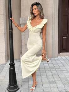 Pariaura 2026 Summer New Sweet Tie Ruffle Hem Dress, Soft Comfortable Fabric In Pale Yellow, Romantic Vacation Style, Wide Collar With Ruffle Trim, Adjustable Ruffle Shoulder Straps, Backless Lace-Up Design, Bow Accent On Front, Slimming Fit, French Elegant Dress, Romantic Vacation Dress, Ins-Inspired Dress Cream Maxi Dress Elegant Maxi Dress Ruffle Maxi Dress Elegant Summer Dress Elegant Spring Dress - Cream - View 3