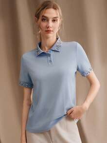 Anewsta 春夏新款休闲假日针织短袖镶钻 Polo 衫，百搭显瘦优雅女式衬衫 - 藍色 - 查看 3