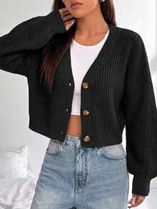 EURMUSE White Lantern Sleeve Button Front Rib Knit Cardigan - Black - View 3