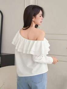 DAZY Blusa feminina elegante de cor sólida com babados nos ombros, ideal para primavera/verão. - Branco - Ver 2