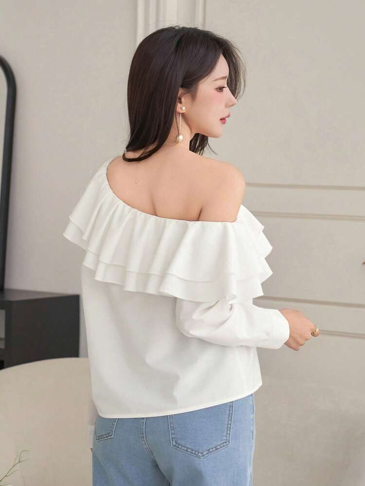 Women's Elegant Solid Color Ruffle Shoulder Blouse, Spring/Summer