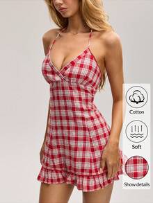 Sweetina Women's Summer Fashion Plaid Ruffle Hem Halter Mini Dress - Red - View 1