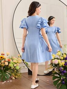 SHEIN 少女三层荷叶边侧边抽绳腰身A字短袖连衣裙 - 藍色 - 查看 9