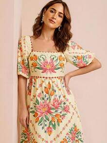 CAJUNI 女士碎花方领短袖时尚连衣裙 - 黃色 - 查看 3