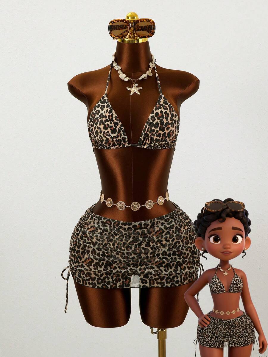 Zestiva 3pcs/Set Women's Spaghetti Strap Floral Mesh Beach Dress & Bikini Set Leopard Print Bathing Suit Women Leopard Swimsuit Leopard Bikini Cheetah Print Bikini Leopard Set - Multicolor - View 1