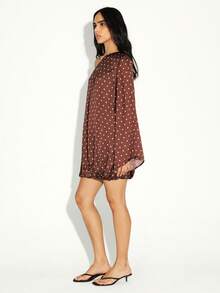 KSTM One Shoulder Asymmetric Mini Dress With Polka Dot Pattern And Balloon Hem Detail For Evening Occasions - Brown - View 4