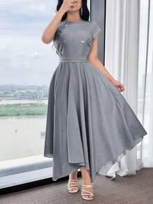 Feyla Women's Rhinestone Decor Asymmetric Hem Elegant Dress - Blue - View 7