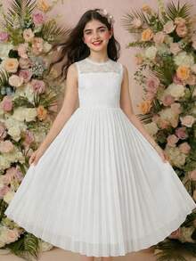 Đầm ren chiffon thanh lịch cho bé gái tuổi teen, màu trắng trơn, xếp ly, không tay, có khóa kéo, thích hợp cho lễ tốt nghiệp, đám cưới, mùa xuân và mùa hè. - trắng - Xem 4