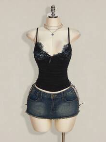 SHEIN ICON Contrast Lace Ruched Y2k Cami Top - Black - View 7
