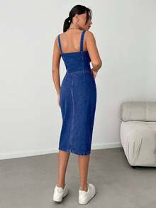 EURMUSE Slant Pocket Button Front Overall Denim Midi Dress - Dark Wash - View 2