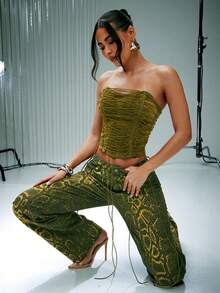 Denimoi 水洗牛仔天鹅绒效果系带束身胸衣 - 綠色 - 查看 3