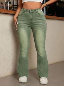 SHEIN ICON Plus Size Women High Waist Pockets Casual Versatile Flare Leg Jeans - Green - View 6
