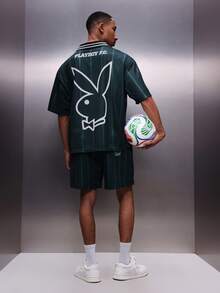 PLAYBOY X SUMWON Men's Green F.C. Football Jersey Style Short Sleeve Polo Shirt With Vertical Stripes And Large Bunny Logo - Green - View 1