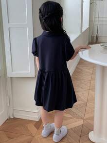 DAZY Young Girls Collared Short Sleeve Dress, Fall Outfit Summer - Navy Blue - View 7