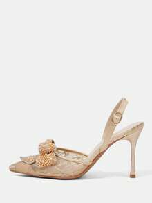 CUCCOO HITCHD Women Stylish Elegant Commuter Mesh Rhinestones Pearl Bows Decorative Pointed Pumps - Apricot - View 2
