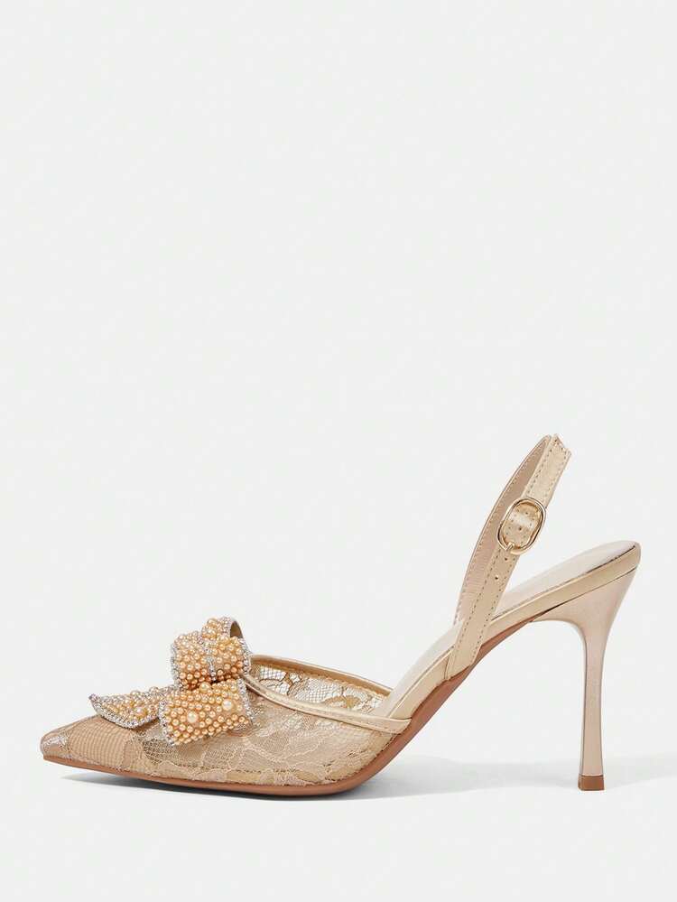CUCCOO HITCHD Women Stylish Elegant Commuter Mesh Rhinestones Pearl Bows Decorative Pointed Pumps