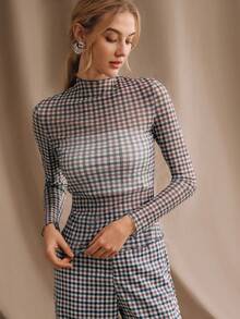 Anewsta Blusas de verano de manga larga, ajustadas y ligeras con estampado de cuadros retro marrón para mujer - Azul - Ver 3