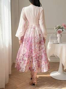 Women's Elegant Floral Print Stand Collar Petal Sleeve Belted Mid-Length Dress, Spring & Summer - Pink - View 2