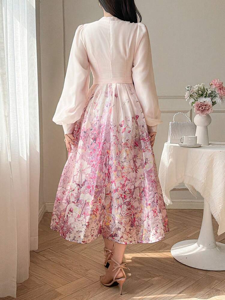 Women's Elegant Floral Print Stand Collar Petal Sleeve Belted Mid-Length Dress, Spring & Summer