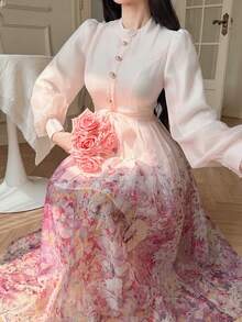 Women's Elegant Floral Print Stand Collar Petal Sleeve Belted Mid-Length Dress, Spring & Summer - Pink - View 6