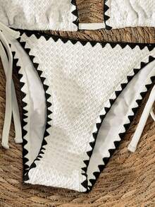 Swim Mod 2026 Spring/Summer Spaghetti Strap Halter Textured Fabric Side High Cut Women's Bikini Set, Vacation Style Crochet Bikini Set Crochet Swimsuit Women Textured Bikini String Bikini Set - White - View 4