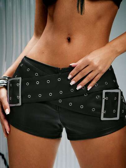 Denimoi Belted Faux Leather Micro Mini Shorts Sexy Shorts Clubwear Concert Outfits Festival GNO