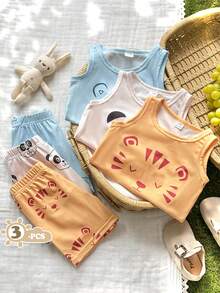 SHEIN Vintaside Kids 6件套男婴夏季套装，包含黑色、白色和条纹三种颜色：背心和短裤，舒适休闲，适合日常穿着。 - 彩色 - 查看 6