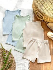SHEIN Vintaside Kids 男婴夏季六件套服装，黑白条纹背心和短裤，舒适休闲百搭。 - 彩色 - 查看 2