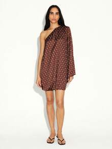 KSTM One Shoulder Asymmetric Mini Dress With Polka Dot Pattern And Balloon Hem Detail For Evening Occasions - Brown - View 1