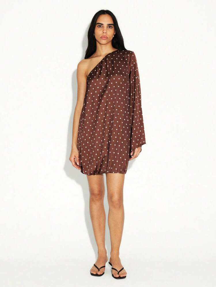 KSTM One Shoulder Asymmetric Mini Dress With Polka Dot Pattern And Balloon Hem Detail For Evening Occasions
