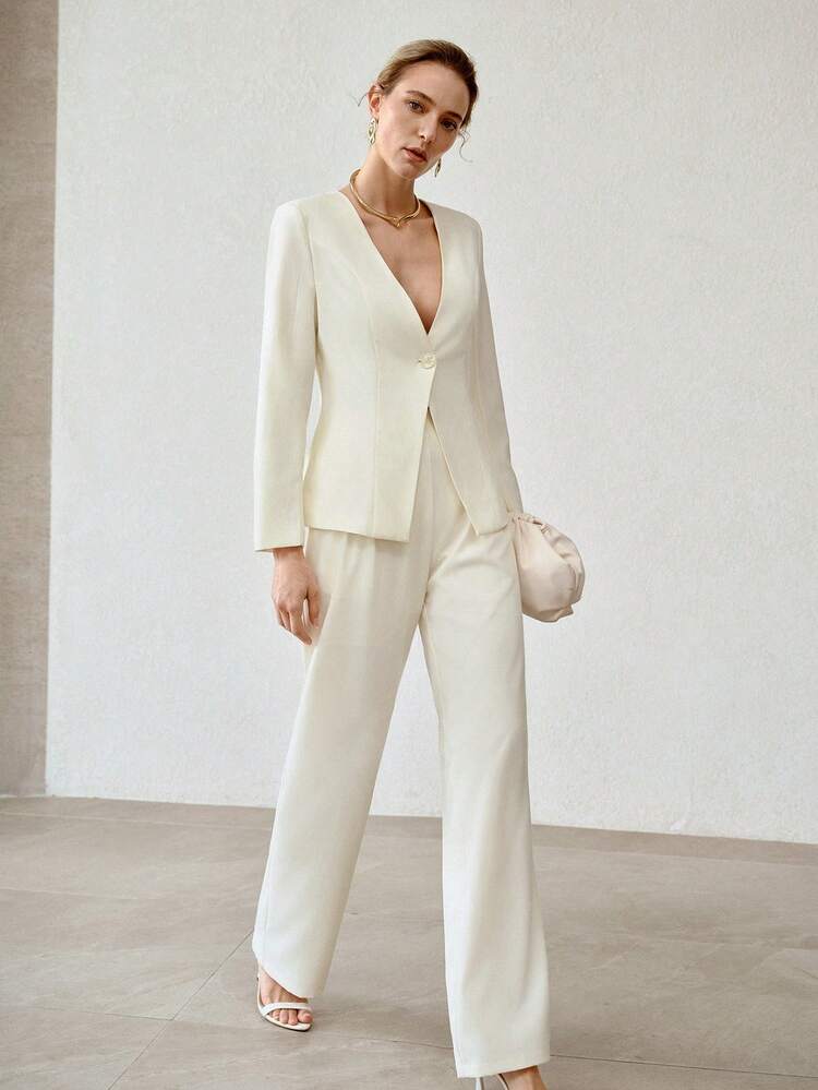V-NECK WAIST CINCHED MINIMALIST DAILY COMMUTE WOMEN BLAZER