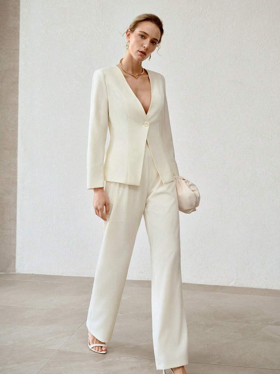 MOTF PREMIUM V领收腰极简日常通勤女式西装外套 - 白色 - 查看 1