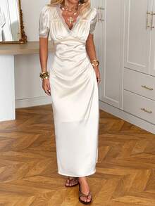 SHEIN EZwear Elegant Commuter Satin Lace Trim Dress - Apricot - View 3