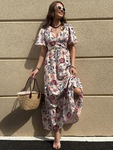 Solivie Women's V-Neck Floral Print Ruched Casual Vacation Date Dress - Multicolor - View 7