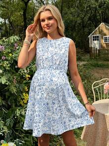 SHEIN Floral Sleeveless Backless Bow Decor Maternity Dress, Summer - Blue - View 4