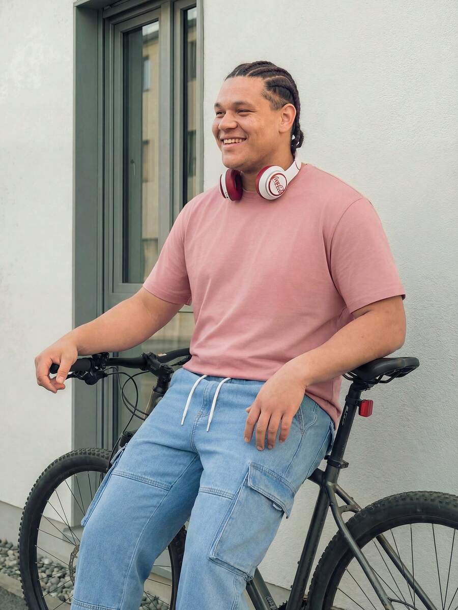 Manfinity EZcore Plus Size Men's Casual Solid Color Round Neck Short Sleeve T-Shirt, Summer - Pink - View 1