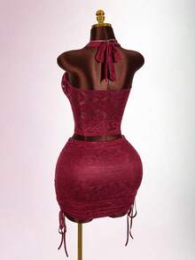 Amplova 2026 New Lace Two Pieces Top & Lace Mini Dress Set, Suitable For Dates And Parties - Burgundy - View 11