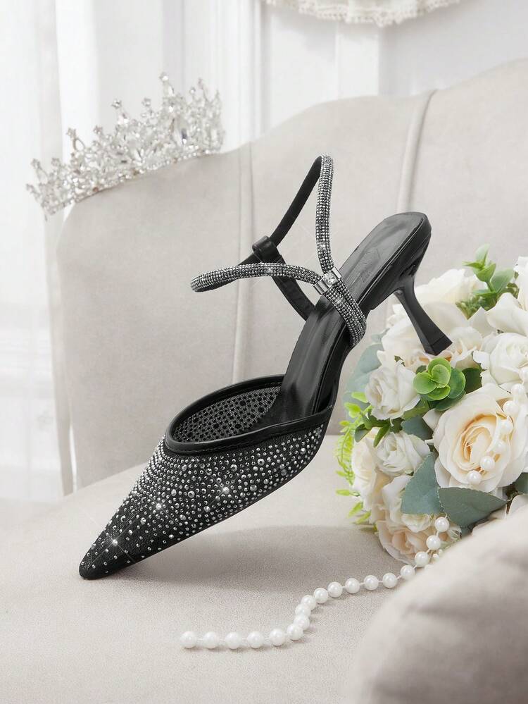 CUCCOO HITCHD Women's Fashion Casual Pointed Toe Mule Shoes, Mesh Patchwork High Heel Sandals, Lightweight High Heel Slippers For Wedding, Party, Banquet, Height Increasing Elegant Shoes Wedding Shoes