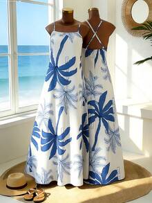 GlowEve Women's Blue Leaf Print Vacation Dress, Spring/Summer New Arrival - Blue - View 1