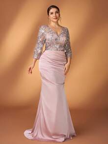 Aureia 大码优雅奢华莲花粉色串珠刺绣拼接弹力针织V领七分袖褶皱修身鱼尾裙，适合晚宴、盛会、婚礼、音乐节、新娘母亲等场合。 - 藕粉色 - 查看 8