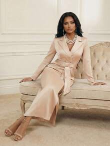 Playroots 女士纯色缺角领开衩设计优雅收腰连衣裙，适合通勤和外出穿着。 - 杏色 - 查看 6