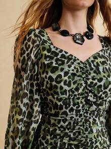 Aveloria Modichic 女士优雅约会连衣裙，采用褶皱腰身、泡泡袖和A字裙摆设计 - 綠色 - 查看 2