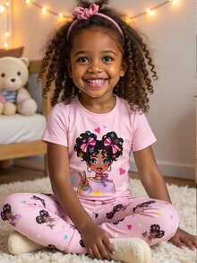 SHEIN 2件套女童图案针织圆领T恤和打底裤睡衣套装 - 淺粉色 - 查看 1