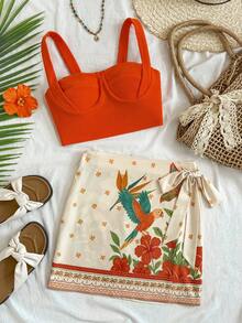 Travachic 女士纯色露脐吊带背心和印花侧系带半身裙度假套装 - 彩色 - 查看 1